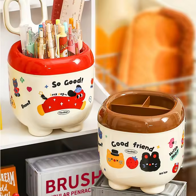 Girl Themed Cartoon Cute Square Multifunctional Plastic Pen Holder High Aesthetic Value School Desk Storage Home Office Office