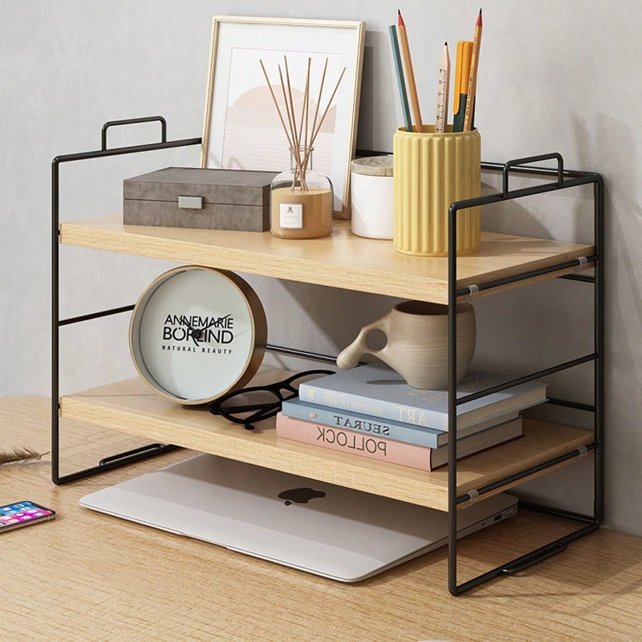 2-Tier Iron Art Desktop Shelf (Black Frame + Wood Grain Surface) - Multifunctional Desk Organizer Rack,Room Deocr,Desk Organzier