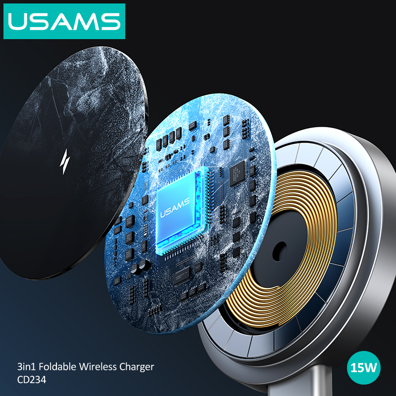 USAMS CD234 Hot Sales Qi Magnetic Foldable Wireless Charger 3 in 1 Fast Charging Dock Station Charging Stand Holders for Iphone detail