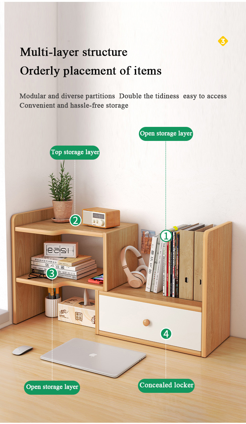 Wholesale Estanteria En Escritorio Wooden Office Desk Desktop Bookshelf Desktop Storage Rack Multi-layer Small Storage Cabinet detail