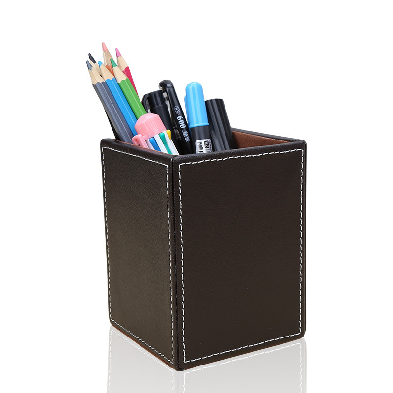 Black Desktop Stationery Organizer Container Box PU Leather Square Pens Pencils Holder for Decorating Office Home Hotel School detail