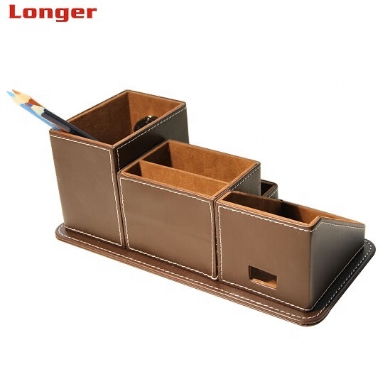 LG-B050 Custom Logo PU Leather Desk Pen Holder with Alarm Clock Personalized Office Storage Box Drawer Organizer detail