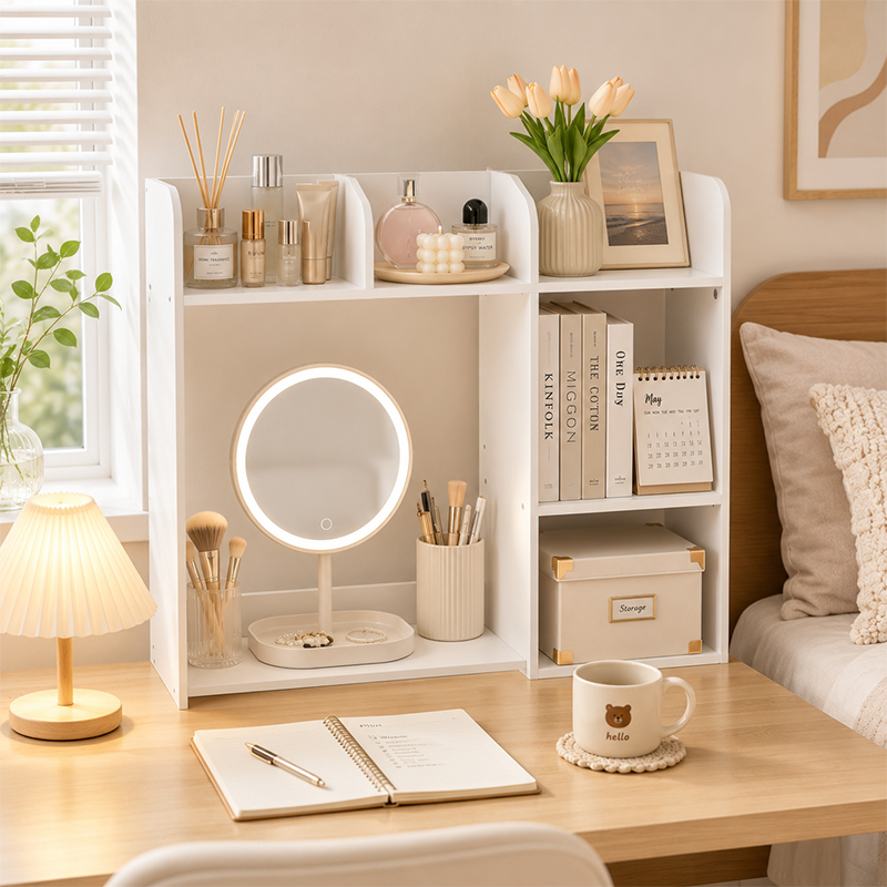 Multi-function White Mdf 5-Shelf Desktop Bookshelf Hutch Shelves Living Room Furniture Wooden Desk Organizer Storage Rack detail