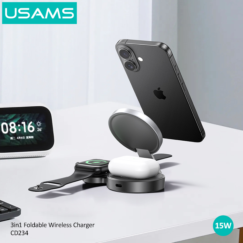 USAMS CD234 Hot Sales Qi Magnetic Foldable Wireless Charger 3 in 1 Fast Charging Dock Station Charging Stand Holders for Iphone detail