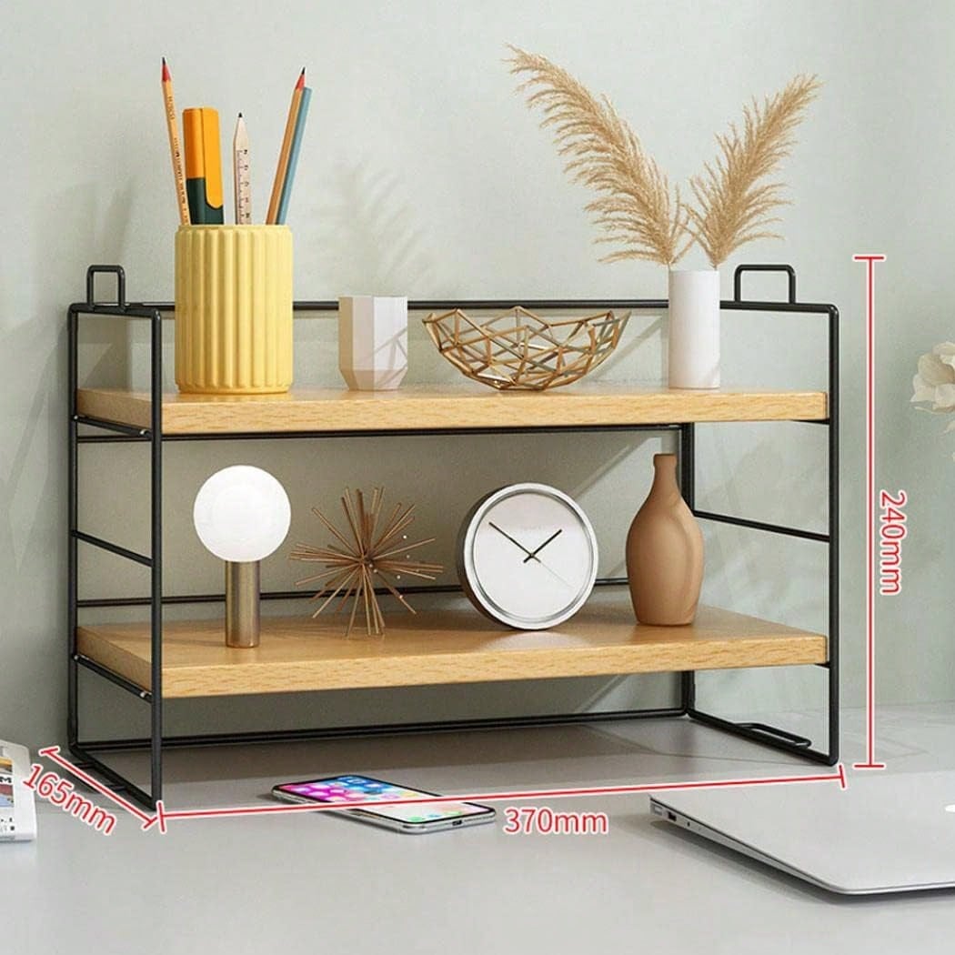 2-Tier Iron Art Desktop Shelf (Black Frame + Wood Grain Surface) - Multifunctional Desk Organizer Rack,Room Deocr,Desk Organzier detail