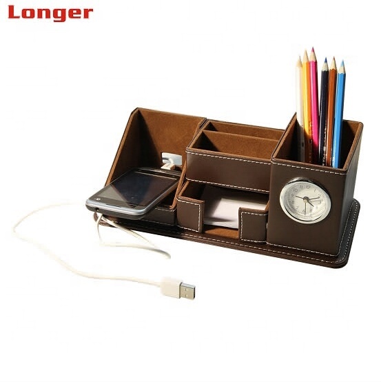 LG-B050 Custom Logo PU Leather Desk Pen Holder with Alarm Clock Personalized Office Storage Box Drawer Organizer detail