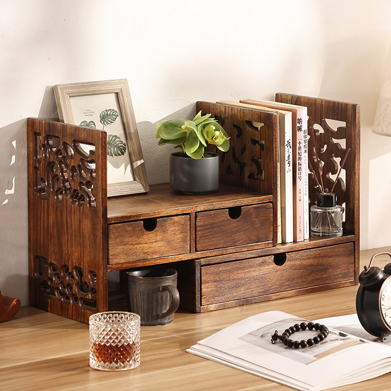Solid Wood Mini Artistic Desktop Shelf Student Desk Bookshelf Bay Window Bookcase Chinese-Style Retro Home Furniture