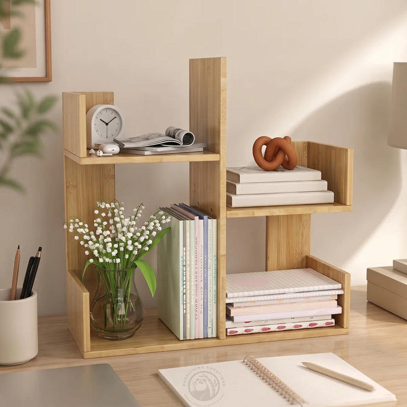 Bamboo Desktop Bookshelf with 4 Sections, Small Book Organizer Rack for Office, Bedroom and Home Storage detail