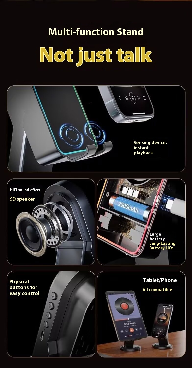 2 in 1 Induction Mobile Phone Holder Button HD Sound Phone Stand Ambient Light Non-Slip Wireless BT Speaker Stand Desktop detail