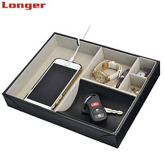 LG-B050 Custom Logo PU Leather Desk Pen Holder with Alarm Clock Personalized Office Storage Box Drawer Organizer detail