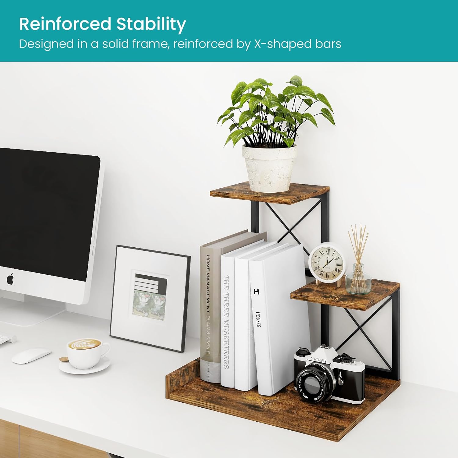 Wood Desktop Organizer Small Bookshelf 3 Tier Storage Shelf Riser Display Stand for Office Dector detail