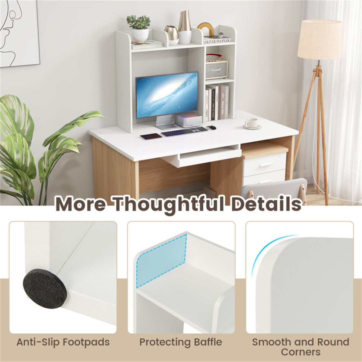 White Engineered Wood Desktop Bookshelf 27FT/68.58cm Monitor & 93.98 by 25.40 73.66cm Hutch with Anti Tip Kits product view