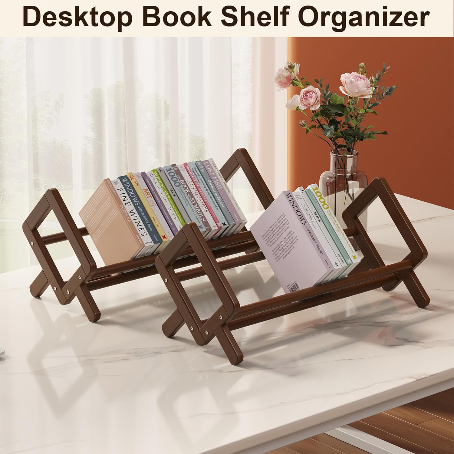 Bamboo Desktop Bookshelf Retro Brown Book Rack Shelf Organizer Stable Bookshelves Storage Tabletop Magazine Holder product view