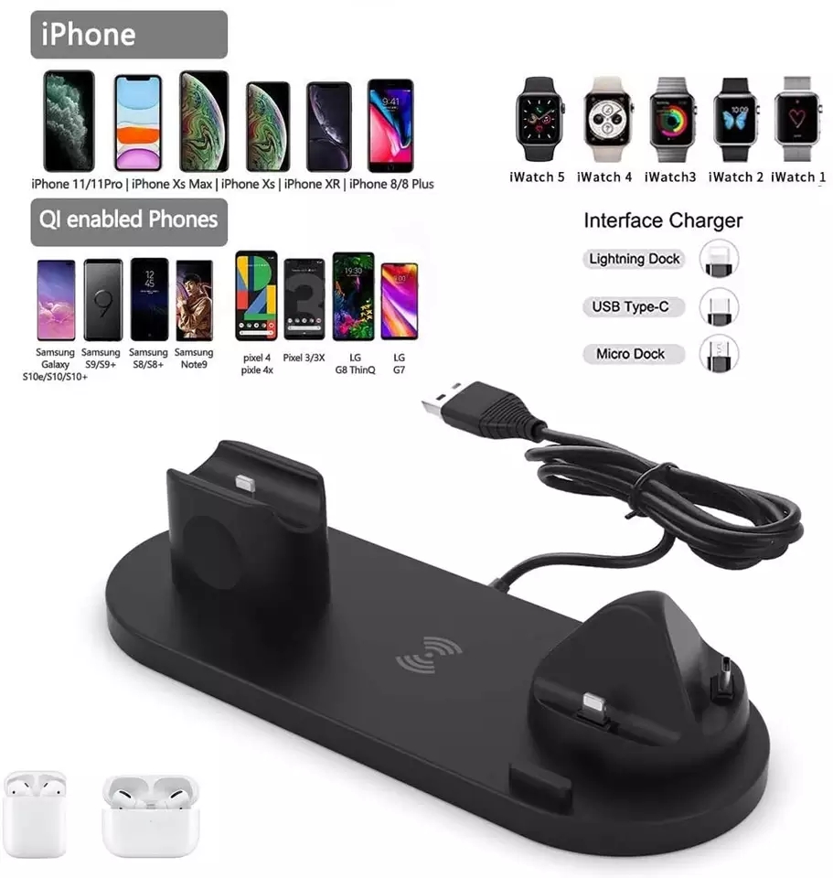Tabletop Fast Charging 4 6 in 1 Rotate Stand Phone Holder Charge Dock Universal Wireless Charger for iPhone Apple Watch Samsung product view