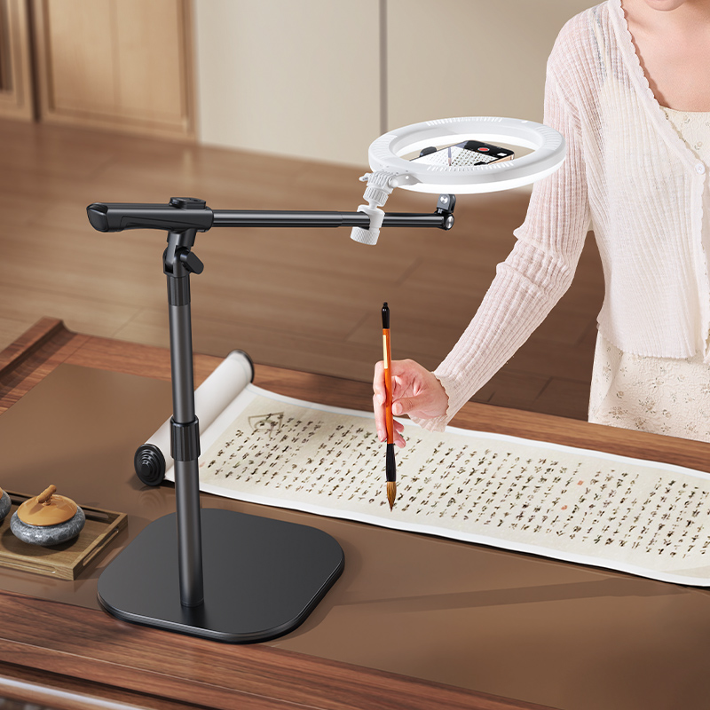 ZHIQING F7 Carbon Steel Aluminum Tabletop Shooting Bracket, Foldable Overhead Phone Stand with Remote for Calligraphy Recording