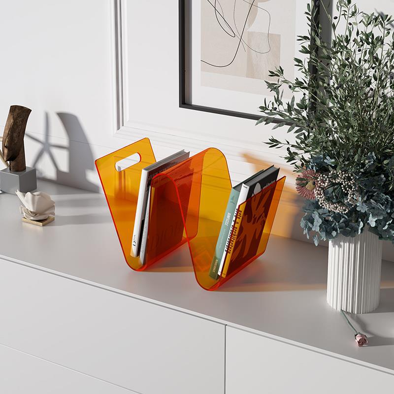 Modern W-shaped Acrylic Desktop Bookshelf Orange Refreshing Desktop Magazine Rack detail