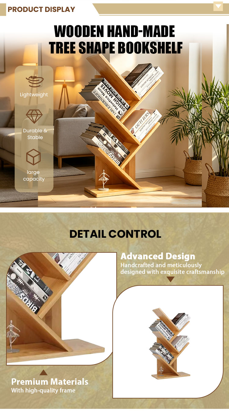 Wooden Craft DIY Wooden Tree Shape Bookshelf 5 Tier Bamboo Bookcase Home Office Desktop Standing Wooden Book Storage Rack detail