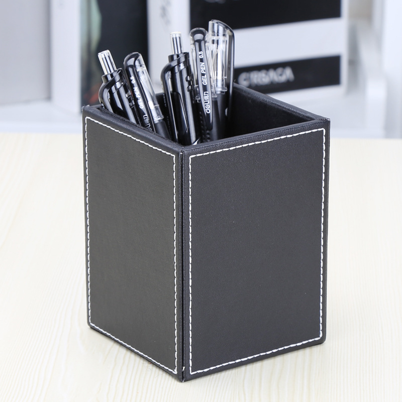 Black Desktop Stationery Organizer Container Box PU Leather Square Pens Pencils Holder for Decorating Office Home Hotel School product view