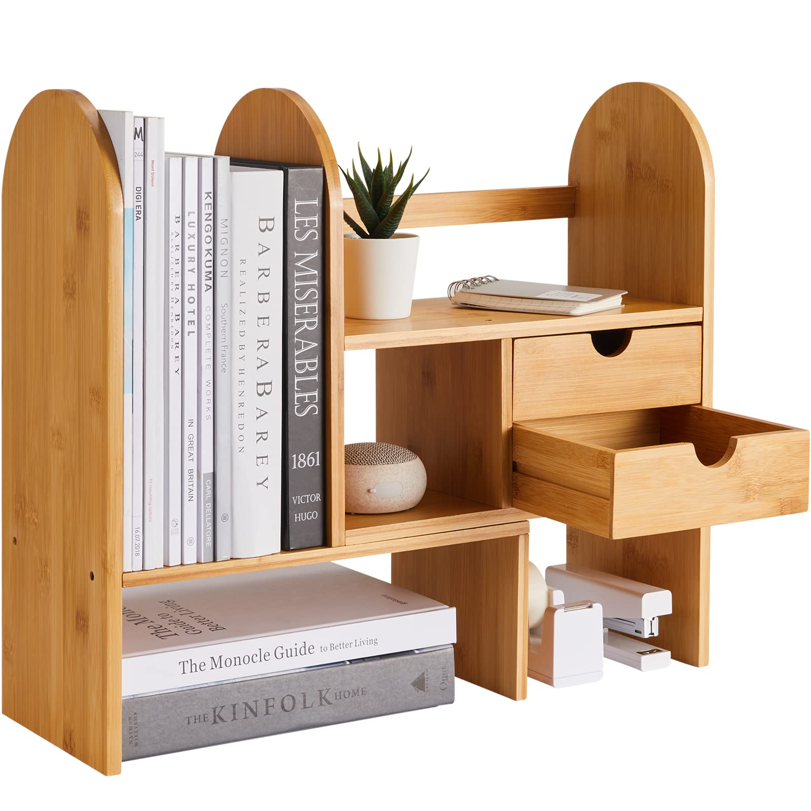Custom Adjustable Wood Bamboo Desktop Bookshelf Organizer Tabletop Display Office Desk Storage Shelf Rack for Office Supplies