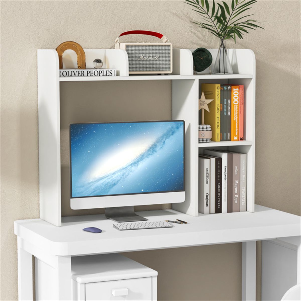 White Engineered Wood Desktop Bookshelf 27FT/68.58cm Monitor & 93.98 by 25.40 73.66cm Hutch with Anti Tip Kits detail