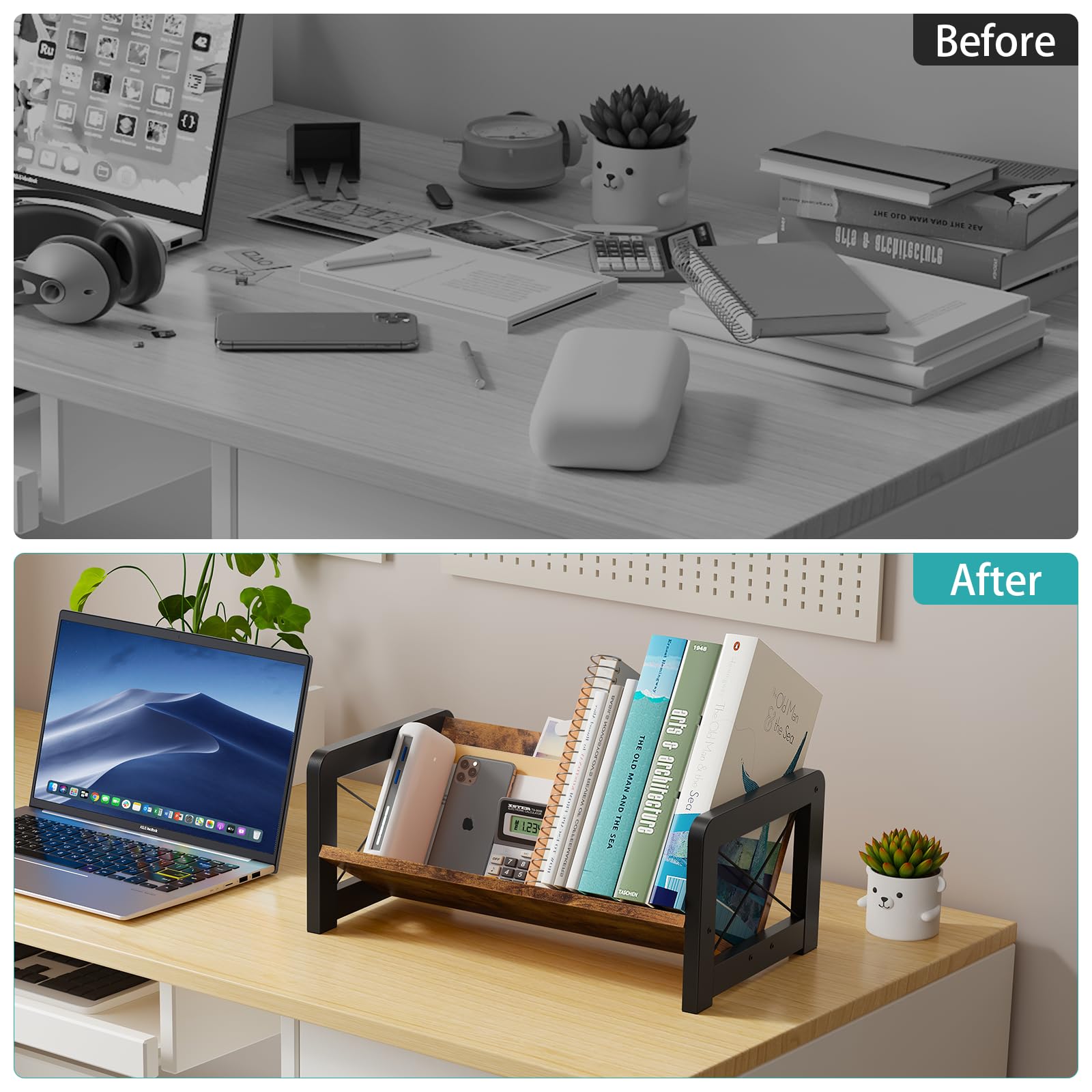 Mini Vintage Office Bookshelf Desktop Wood Slanted Desk Bookshelf Organizer Bookcase product view