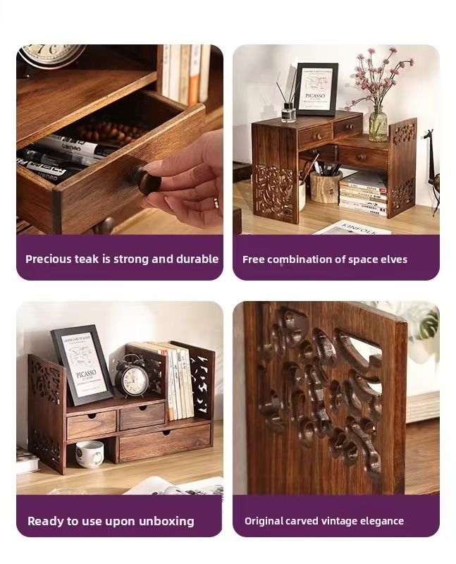 Solid Wood Mini Artistic Desktop Shelf Student Desk Bookshelf Bay Window Bookcase Chinese-Style Retro Home Furniture product view