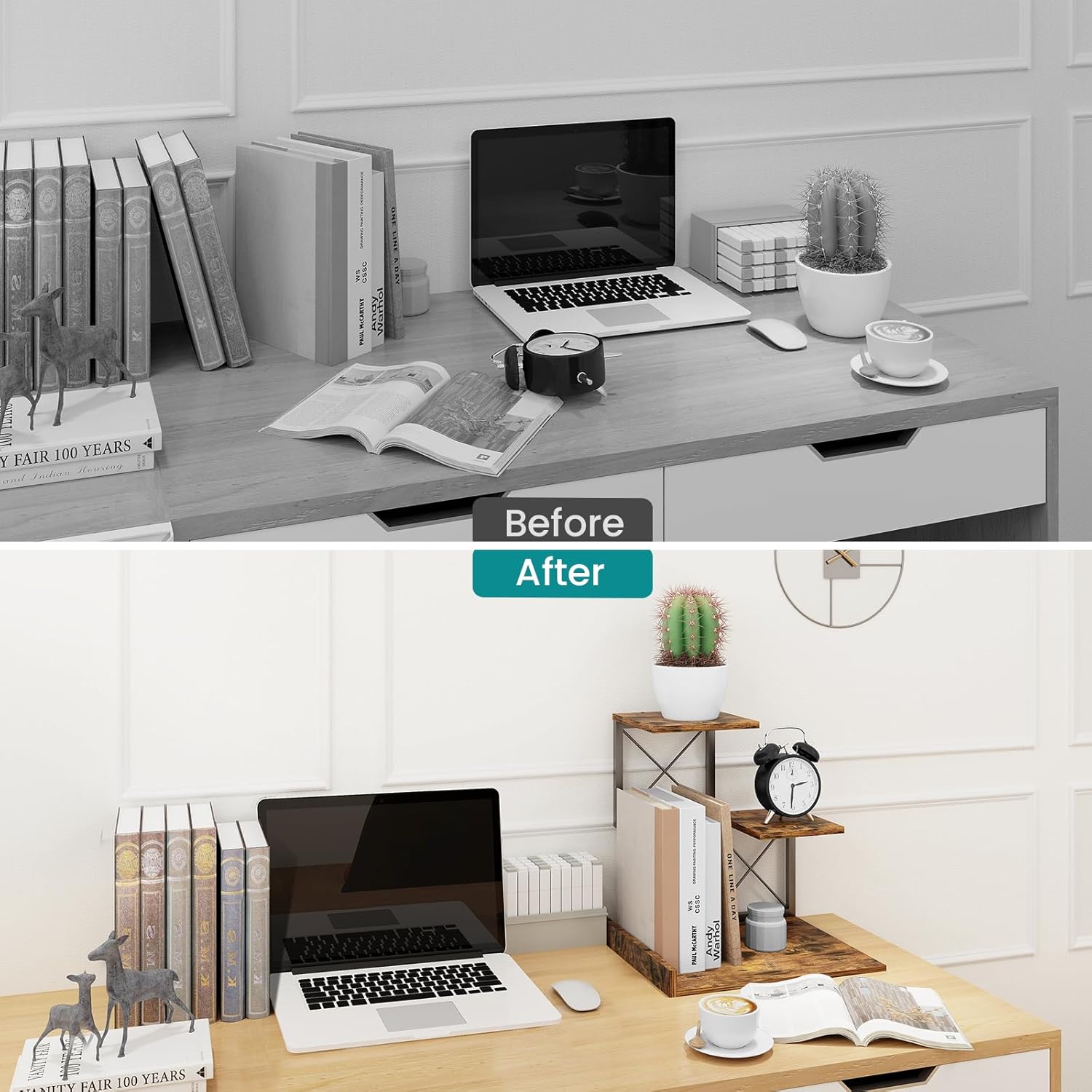 Wood Desktop Organizer Small Bookshelf 3 Tier Storage Shelf Riser Display Stand for Office Dector detail