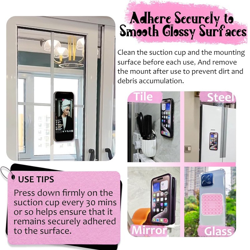 Silicone Suction-Cup Universal Model Double-Sided Adhesive Phone Holder for Bathroom Mirrors-Hands-Free Selfie & Shooting Tool product view
