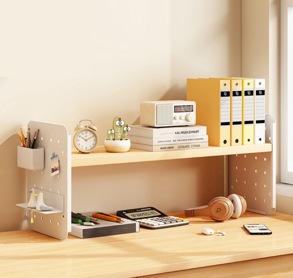 Simple Multi-Layer Desktop Bookshelf with Hole Pegboard Office Workstation Storage Rack Organizer for Student Dormitory
