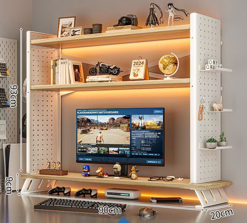 Multilayer Wood Desktop Bookshelf with Double Tiers Heightening Computer Arrogance Home Desktop Storage Shelves with Hole Board product view