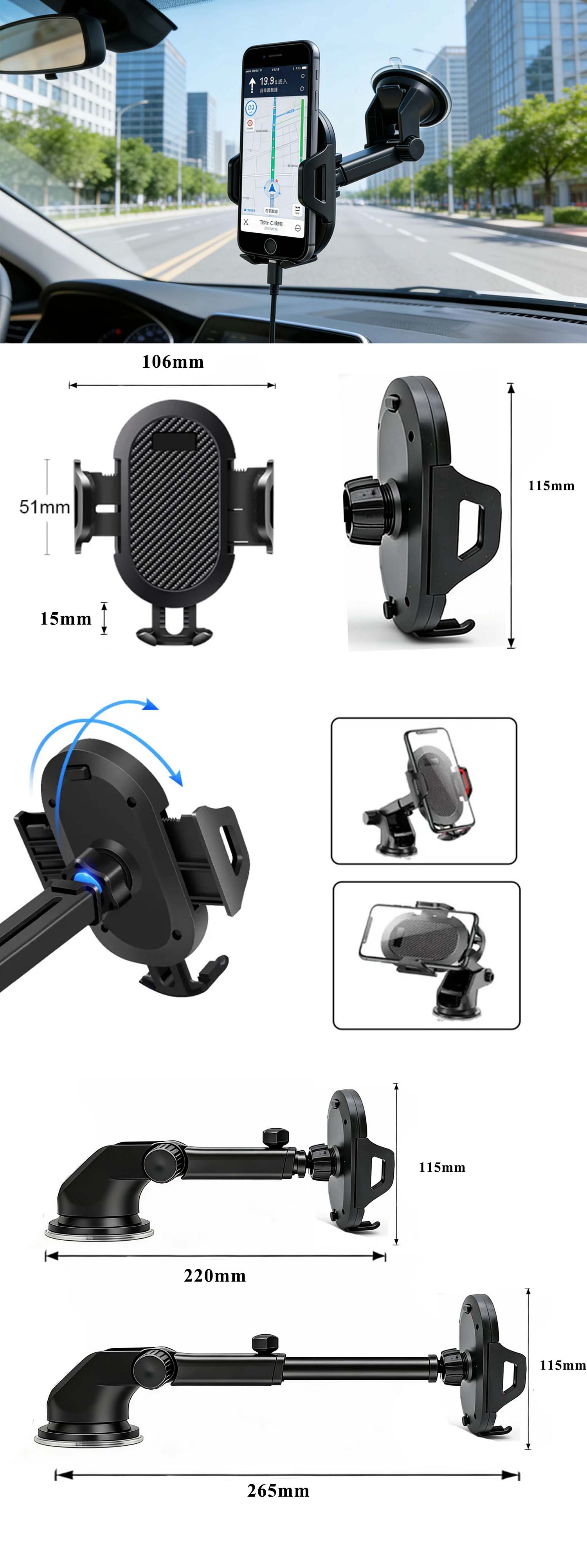 3-in-1 Adjustable Height Rotatable Phone Holder Telescopic Arm Air Vent Mount Sturdy Secure Hands-Free Stand car phone holder detail
