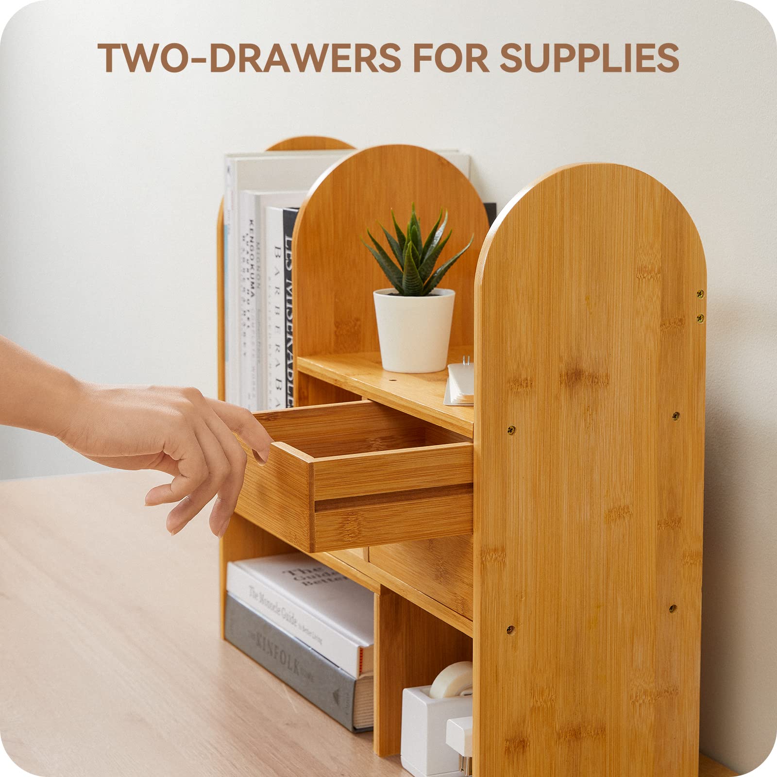 Adjustable Bamboo Wood Desktop Bookshelf Custom Tabletop Display Organizer with Drawer Storage Rack for Home Office product view