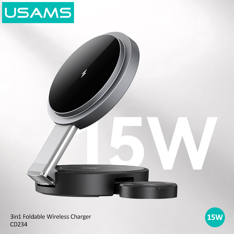 USAMS CD234 Hot Sales Qi Magnetic Foldable Wireless Charger 3 in 1 Fast Charging Dock Station Charging Stand Holders for Iphone