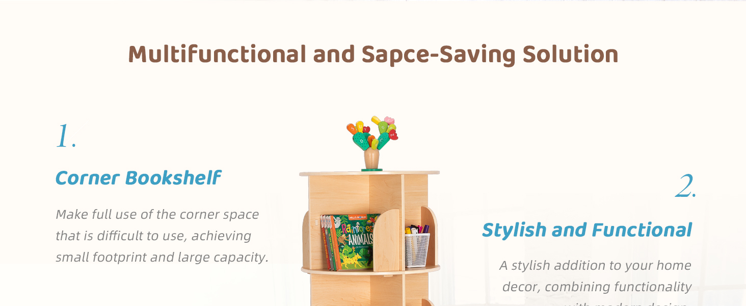 Wood Desktop Shelf for Top Desk 2-Tier Adjustable 360 Rotating Bookshelf Organizer Freestanding Stackable Shelves Baby Room detail