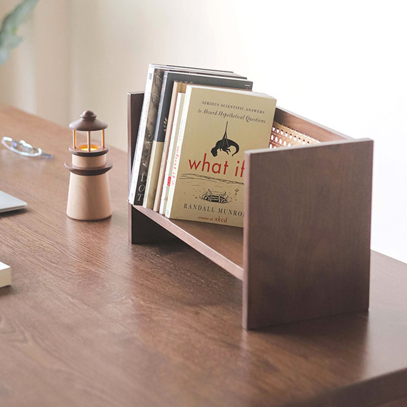 Rectangle Desktop Wood Bookshelf with Rottan Bookend Display Rack with Book Ends Storage Shelf Bookcase for Office Home Decor product view