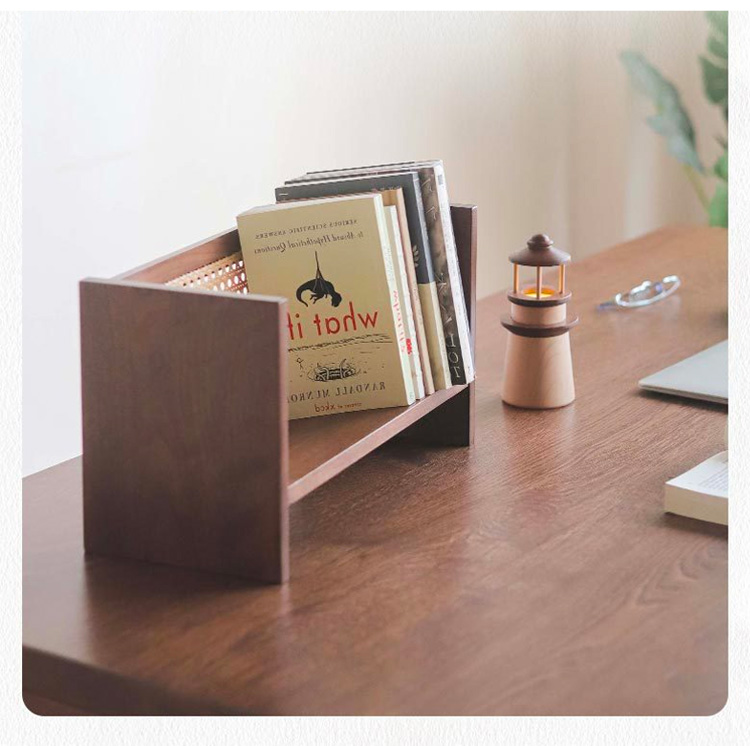 Rectangle Desktop Wood Bookshelf with Rottan Bookend Display Rack with Book Ends Storage Shelf Bookcase for Office Home Decor detail