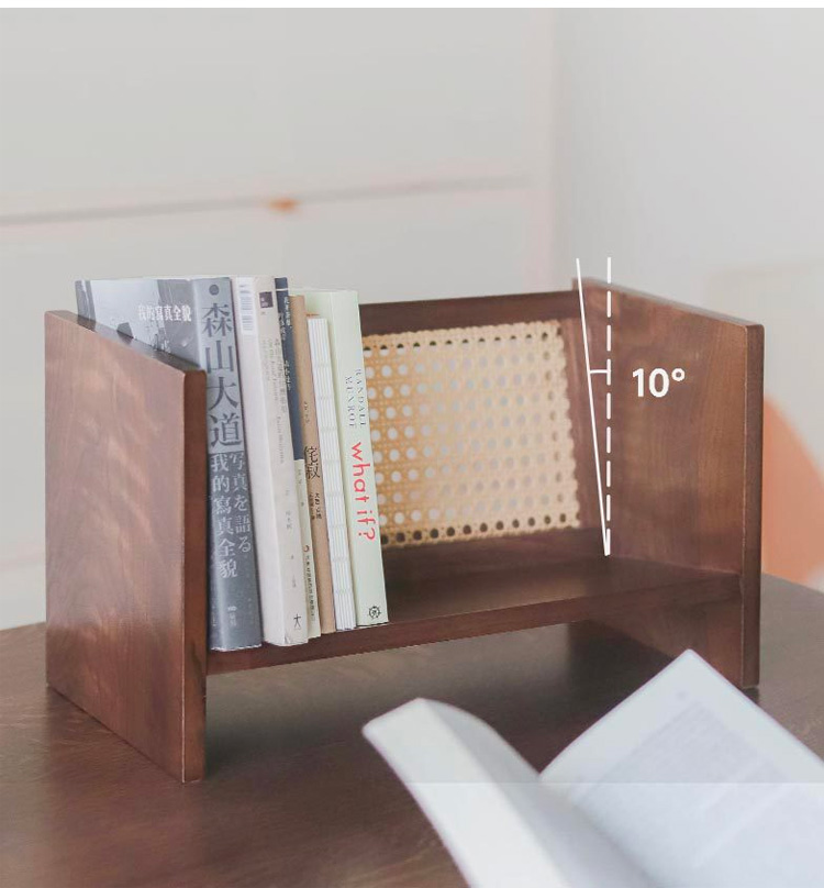 Rectangle Desktop Wood Bookshelf with Rottan Bookend Display Rack with Book Ends Storage Shelf Bookcase for Office Home Decor detail