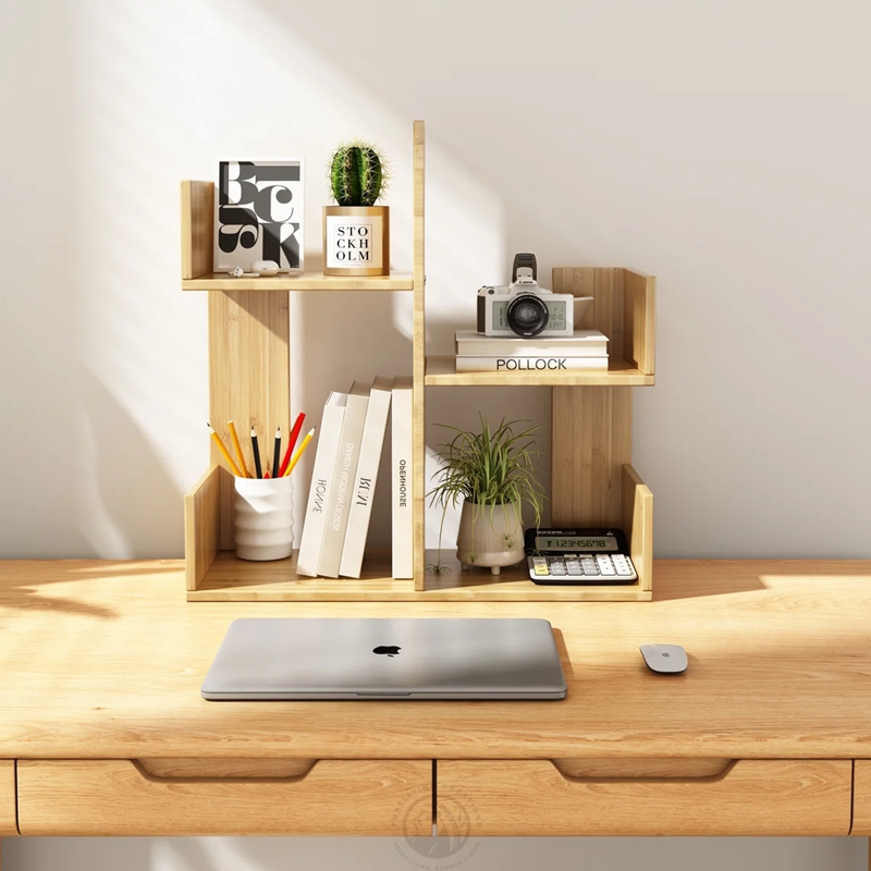 Bamboo Desktop Bookshelf with 4 Sections, Small Book Organizer Rack for Office, Bedroom and Home Storage product view