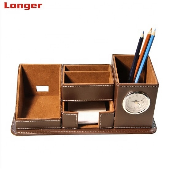 LG-B050 Custom Logo PU Leather Desk Pen Holder with Alarm Clock Personalized Office Storage Box Drawer Organizer product view