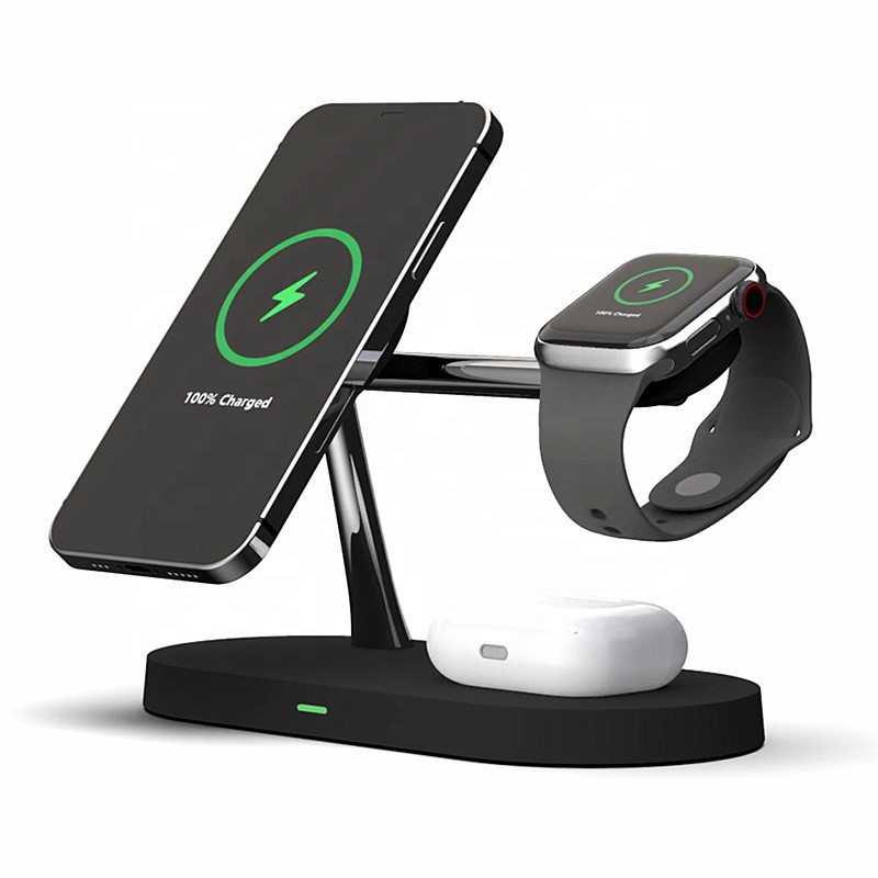 15W Quick Charging Phone Stand USB Port 5-in-1 Zinc Alloy Multi-Function Magnetic Wireless Charger Holder Mobile Phone Earphone