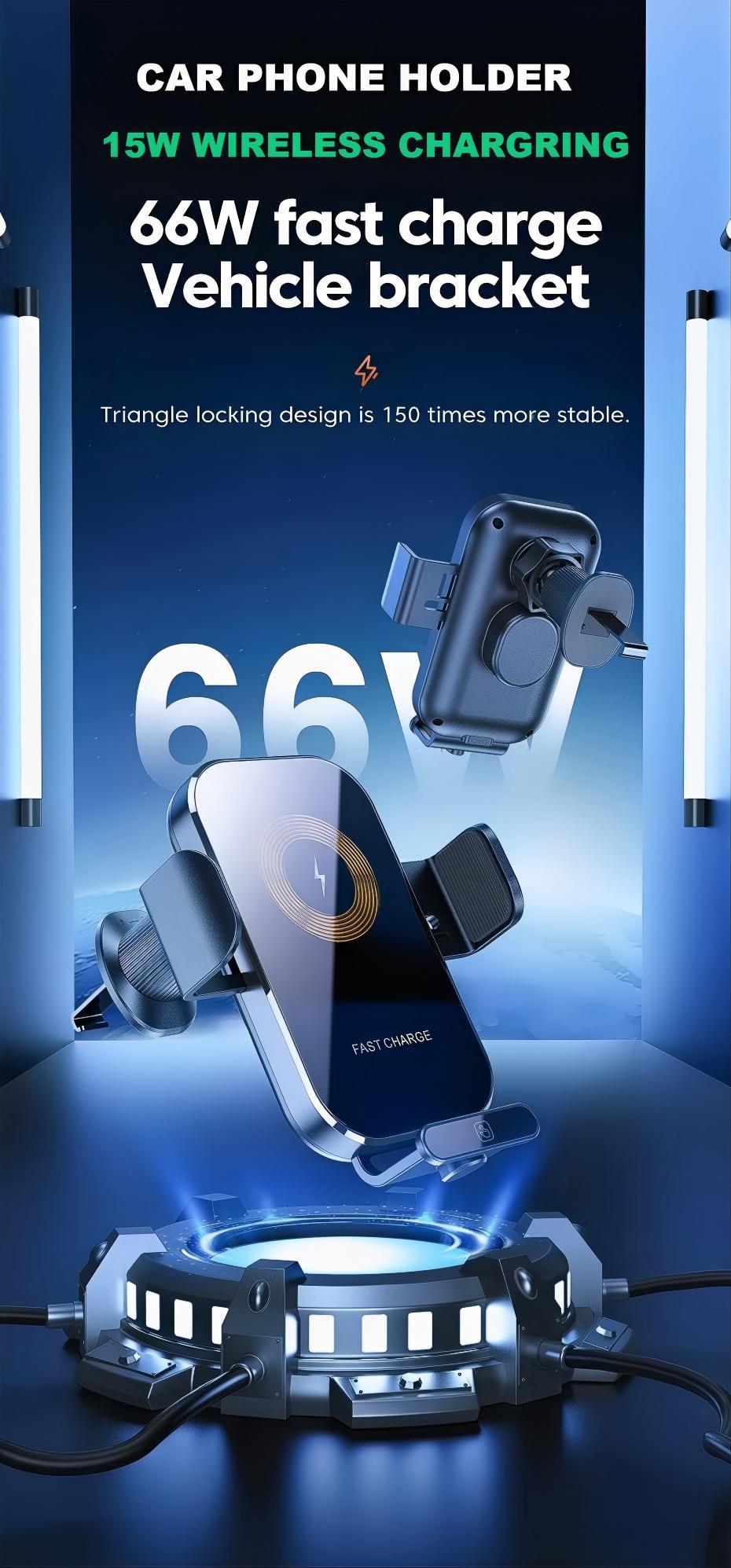 Hot Sale 66W Magnetic 15W Wireless Car Phone Charger Dual Vent Suction Cup Mount Compatible iPhone Type-C Devices Charging Stand detail