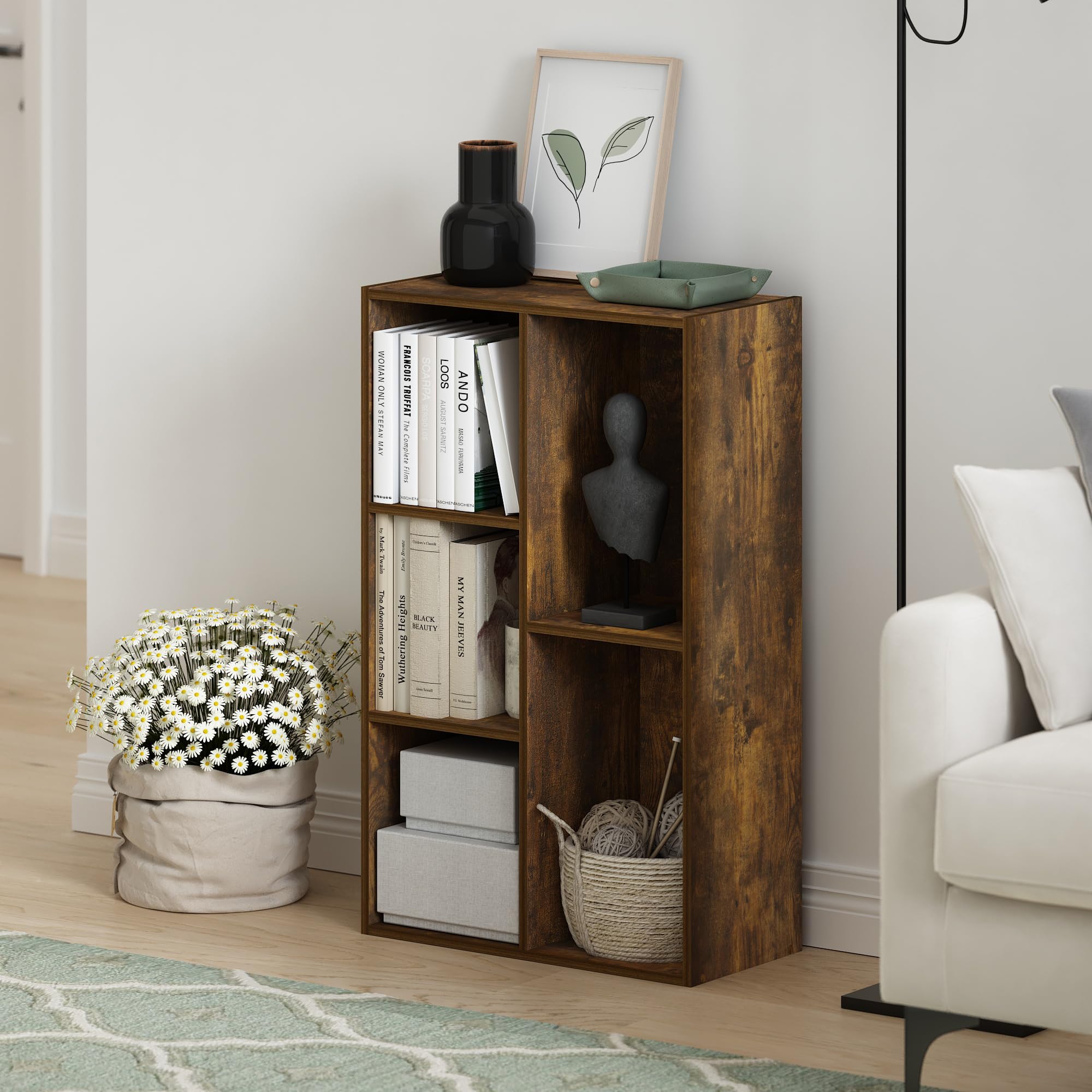Living Room Desktop Open Storage Cabinet Modern Multi-Purpose 5-Cube Wooden Bookcase Storage Shelves
