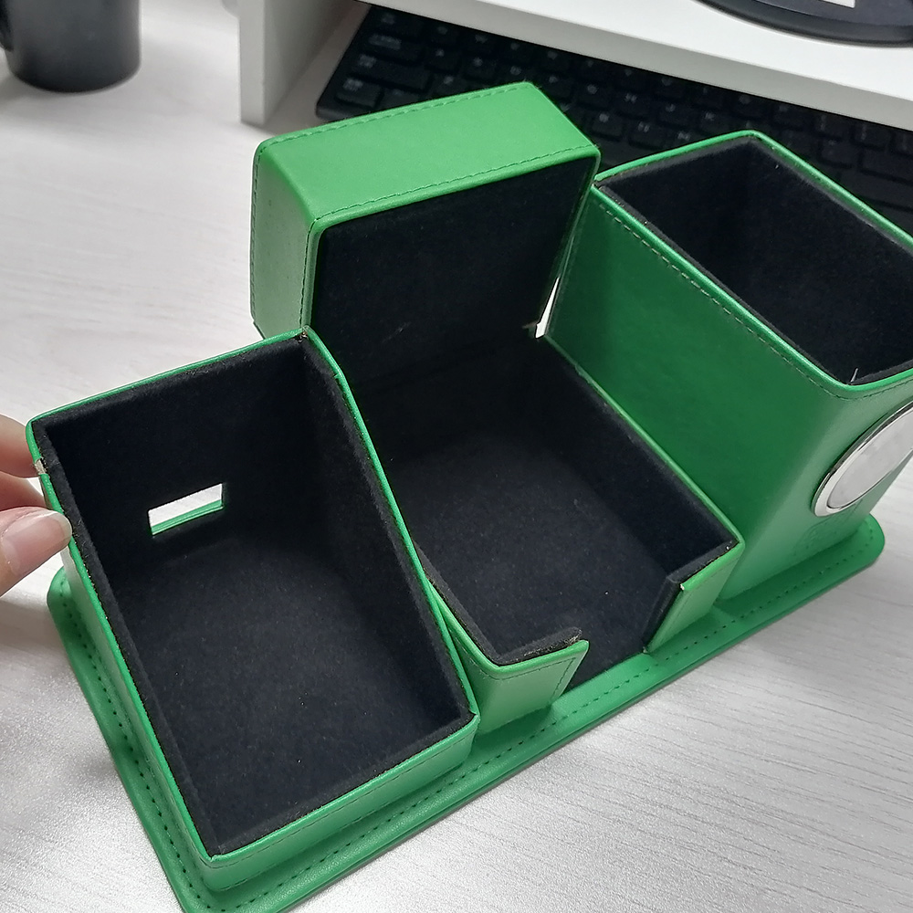 LG-B050 Custom Logo PU Leather Desk Pen Holder with Alarm Clock Personalized Office Storage Box Drawer Organizer product view
