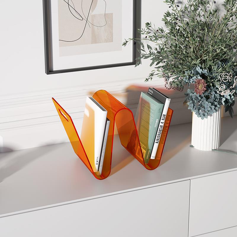 Modern W-shaped Acrylic Desktop Bookshelf Orange Refreshing Desktop Magazine Rack