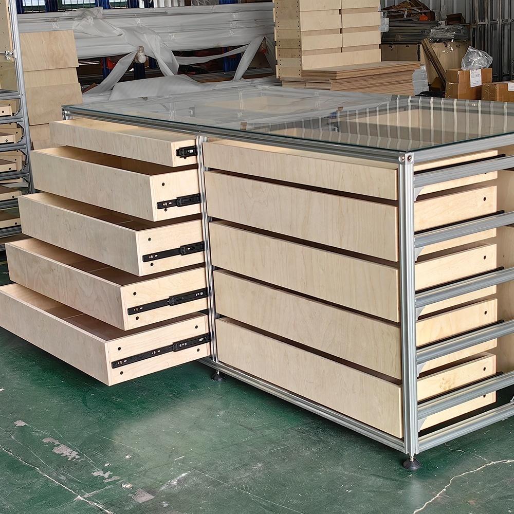 Birch Wood Marine Board Aluminum Profile Storage Exhibition Bookshelf File Shelf Drawer Display Sample Display Stand product view
