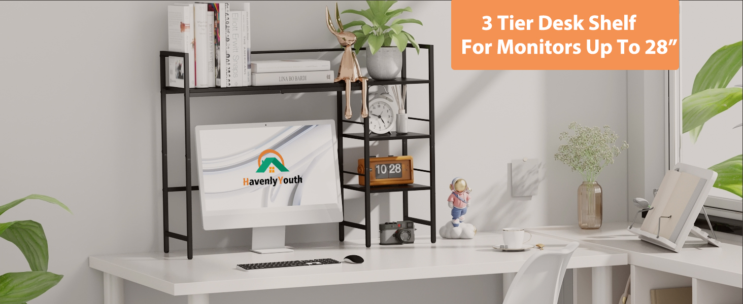 HavenlyYouth 38.5 Inch Adjustable 3 Tier Modern Metal Desktop Organizer Shelf Black Computer Monitor Stand Bookshelf Home Office detail