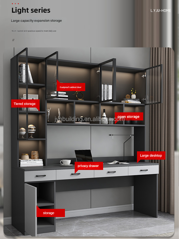 JYN Double Desk Cabinet Home Office Bookshelf Combination Home Student Use Desktop Computer Desk Integrated Bookcases detail