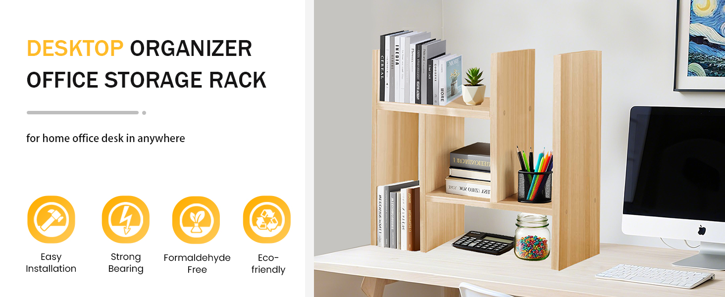 Wooden Desk Organizer Shelf Adjustable 2-Tier Tabletop Mount Bookshelf for Home & Office Storage detail