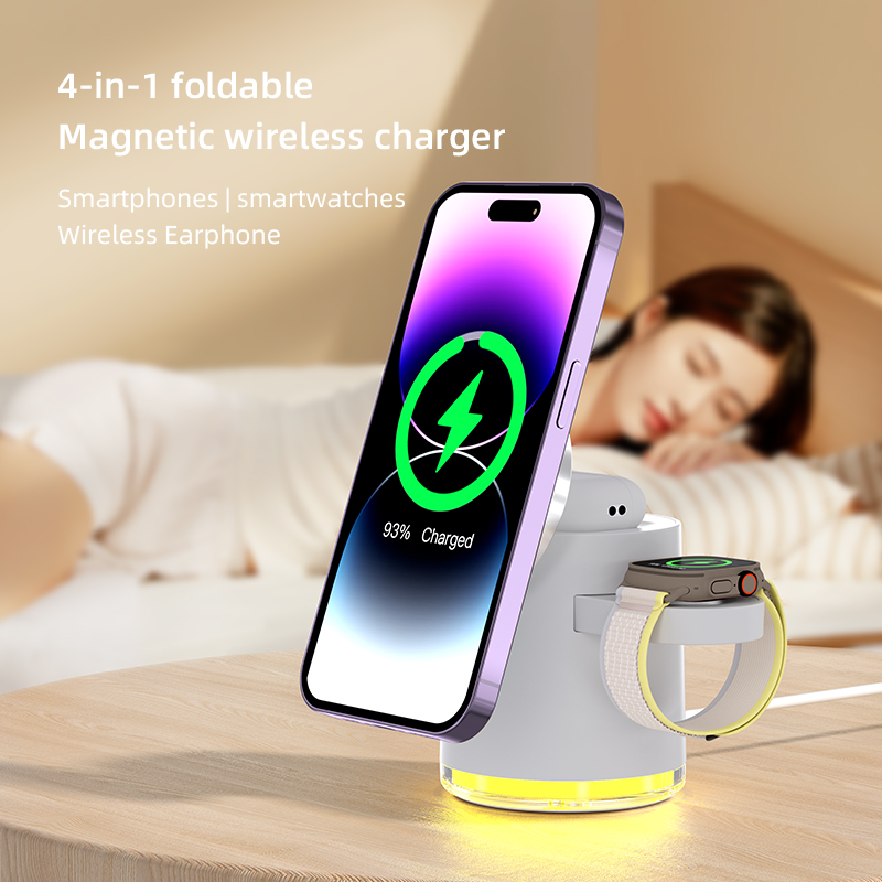 MPP Wireless Charger stand 2024 Magnetic Fast Charging Station Adjustable LED Light Wireless Phone Charger for Watch Earphone product view