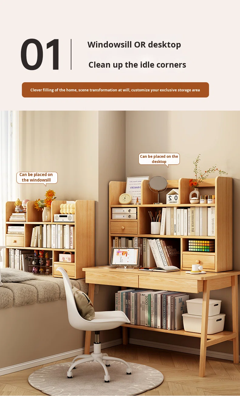 Solid Wood Minimalist Modern Style Desktop Bookshelf Storage Rack for Home Bay Window Desk detail